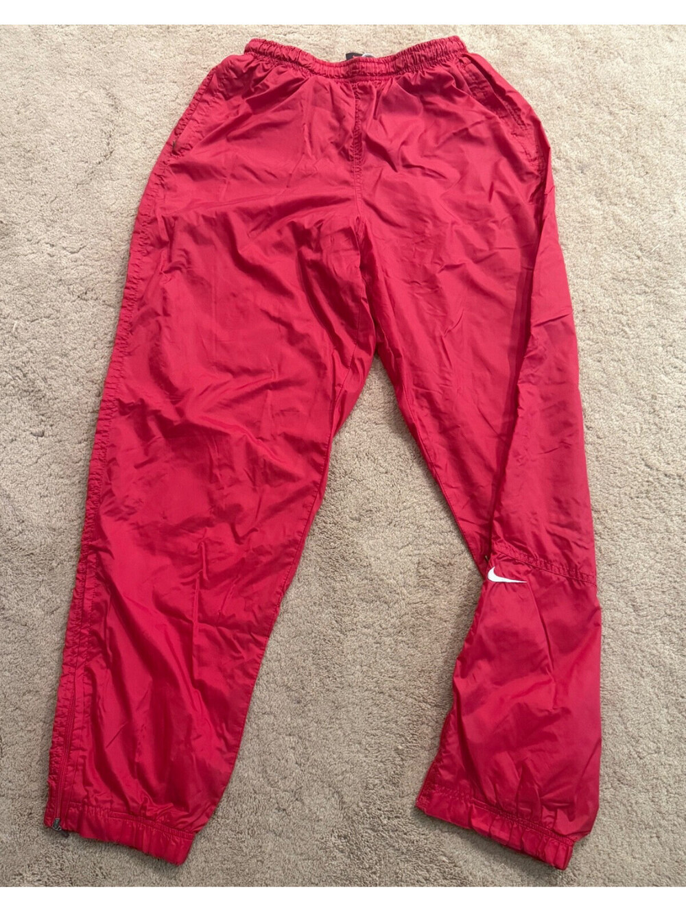 Vintage Nike Red Nylon Windbreaker Lined Track Pants Ankle Zip Pocket Zip Medium